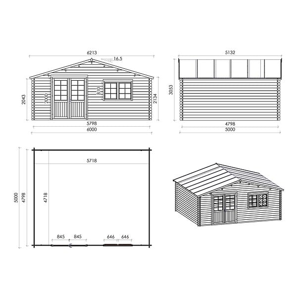 ALTANKA - Abri de jardin en bois - 6x5 m + terrasse avec balustrade et avant-toit en bois - 42 m2 - DOM747+DOM553+DOM555+POD04 - large