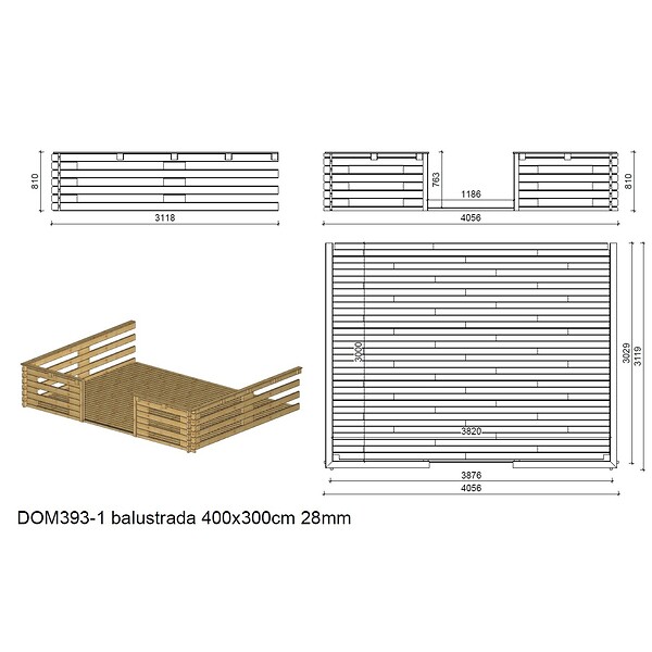 ALTANKA - Terrasse en bois avec balustrade pour abri en bois - 12m2 - 4m x 3m - imprégnée - couleur: marron - DOM542 - large