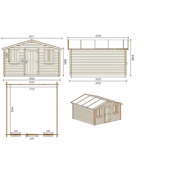 ALTANKA - Abri de jardin en bois - 16m2 - 4x4m - Ep. 28mm - Couleur: naturel - DOM149 - large