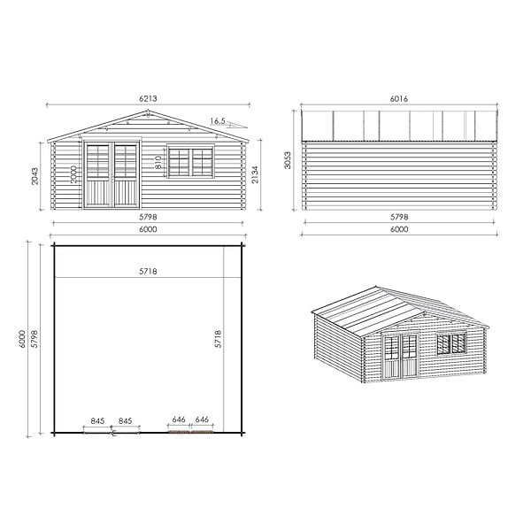 ALTANKA - Abri de jardin en bois - 6x6 m + terrasse avec balustrade et avant-toit en bois - 54 m2 - DOM749+DOM556+DOM558+POD04 - large