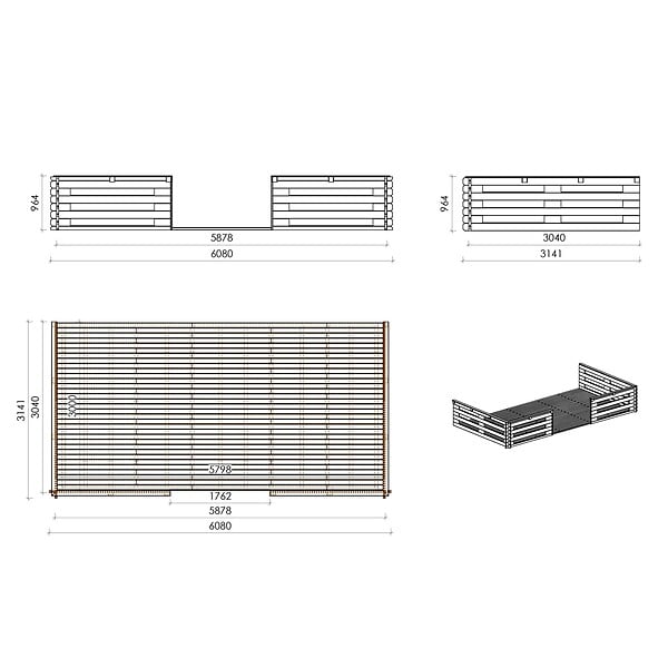 ALTANKA - Abri de jardin en bois - 6x6 m + terrasse avec balustrade et avant-toit en bois - 54 m2 - DOM749+DOM556+DOM558+POD04 - large
