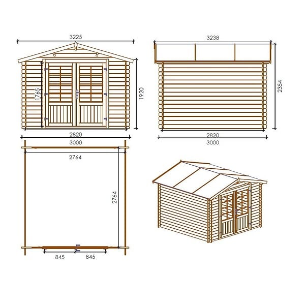 ALTANKA - Abri de jardin en bois - 9m2 - 3x3m - Ep. 28mm - Couleur: naturel - DOM530 - large