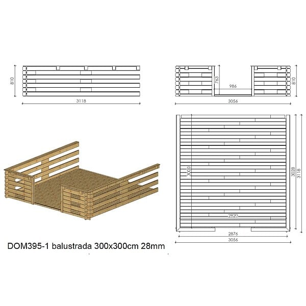 ALTANKA - Terrasse en bois avec balustrade pour abri en bois - 9m2 - 3m x 3m - imprégnée - couleur: marron - DOM540 - large