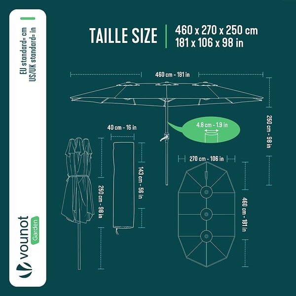VOUNOT - Parasol Jardin Double Aluminium 270 x 460 cm beige - large