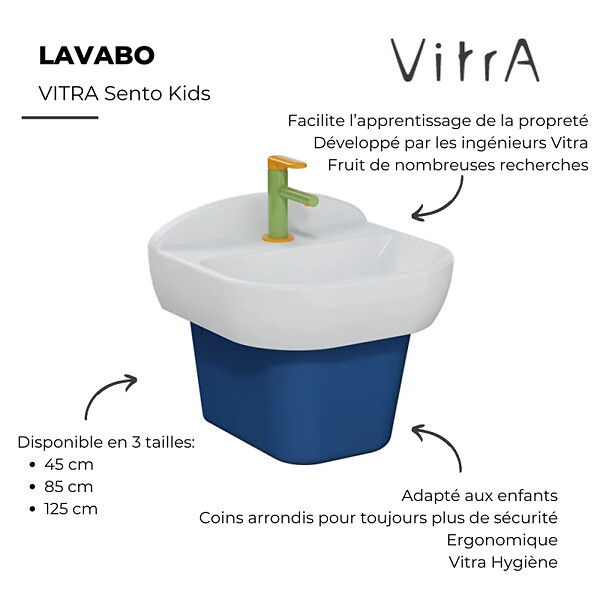 VITRA - Lavabo pour enfant VitrA Sento Kids 45 cm + Cache siphon bleu + siphon et bonde WIRQUIN - large