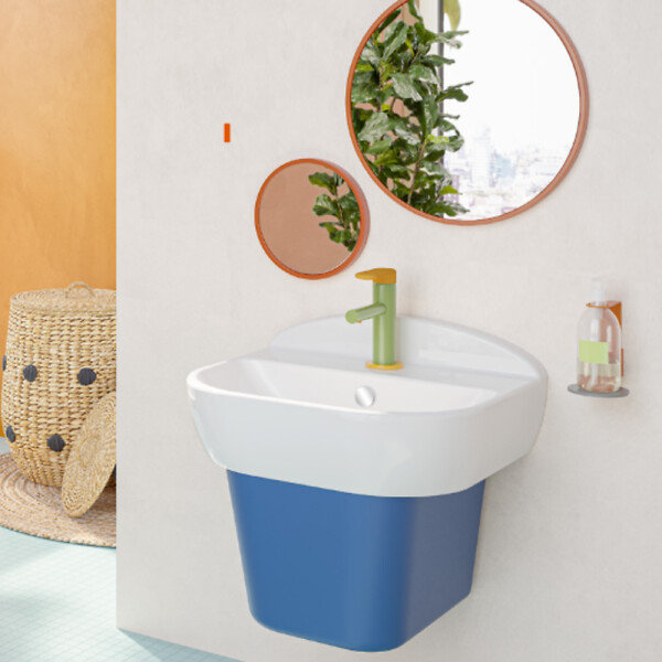 VITRA - Lavabo pour enfant VitrA Sento Kids 45 cm + cache siphon bleu + Mitigeur lavabo Sento Kids + siphon et bonde WIRQUIN - large
