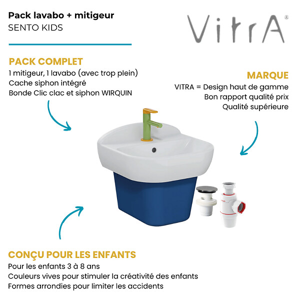 VITRA - Lavabo pour enfant VitrA Sento Kids 45 cm + cache siphon bleu + Mitigeur lavabo Sento Kids + siphon et bonde WIRQUIN - large