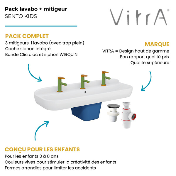 VITRA - Lavabo pour enfant VitrA Sento Kids 125 cm + cache siphon bleu + 3 mitigeurs lavabo VitrA Sento Kids + siphon et bonde WIRQUIN - large