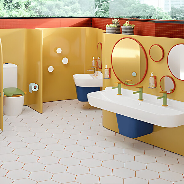 VITRA - Lavabo pour enfant VitrA Sento Kids 125 cm + cache siphon bleu + 3 mitigeurs lavabo VitrA Sento Kids + siphon et bonde WIRQUIN - large