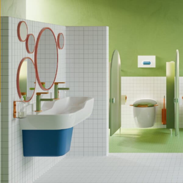 VITRA - Lavabo pour enfant VitrA Sento Kids 85 cm + cache siphon bleu + 2 mitigeurs lavabo VitrA Sento Kids + siphon et bonde WIRQUIN - large