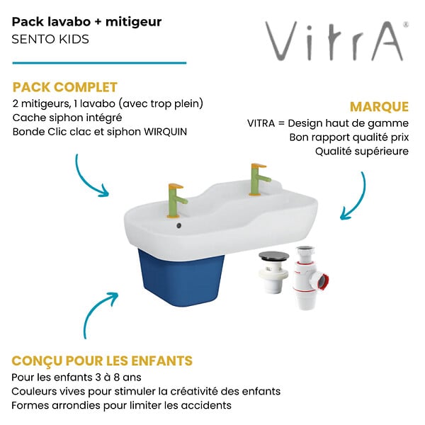 VITRA - Lavabo pour enfant VitrA Sento Kids 85 cm + cache siphon bleu + 2 mitigeurs lavabo VitrA Sento Kids + siphon et bonde WIRQUIN - large