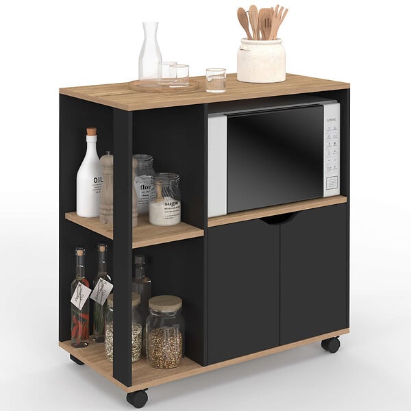 ID MARKET - Desserte de cuisine COSI bois noir et plateaux façon hêtre L.76 CM - large