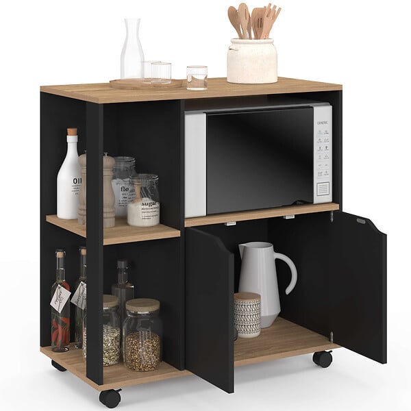 ID MARKET - Desserte de cuisine COSI bois noir et plateaux façon hêtre L.76 CM - large