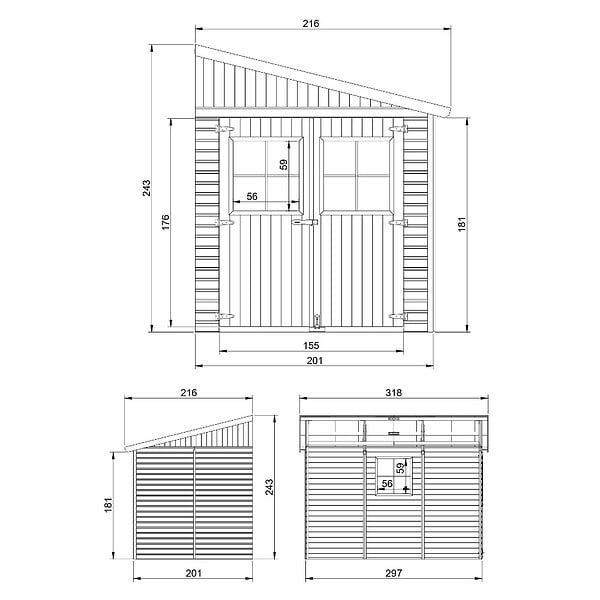 TIMBELA - Abri de Jardin en Bois Naturel (sans paroi latérale) AVEC LES PLANCHERS IMPRÉGNÉ - H243xl216xL318 cm/6 m2 - M339+M339G - large