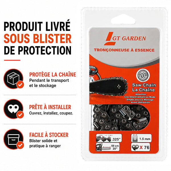 GT GARDEN - Chaîne 76 maillons pour tronçonneuse - large