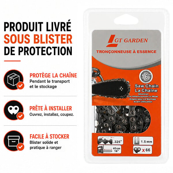 GT GARDEN - Chaîne 66 maillons pour tronçonneuse - large