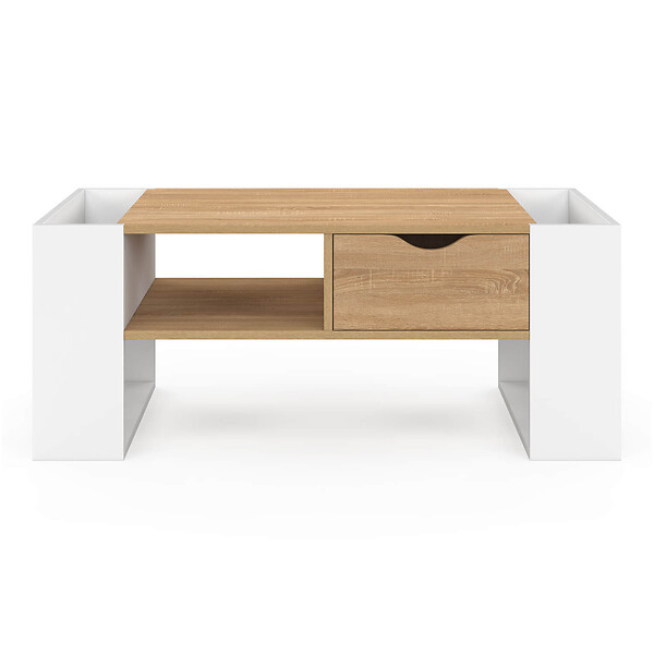 ID MARKET - Table basse rectangulaire BERYL avec tiroir bois blanc et façon hêtre - large