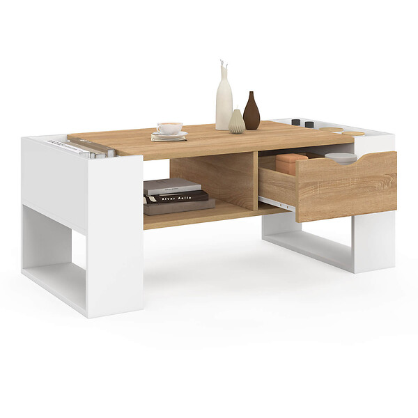 ID MARKET - Table basse rectangulaire BERYL avec tiroir bois blanc et façon hêtre - large