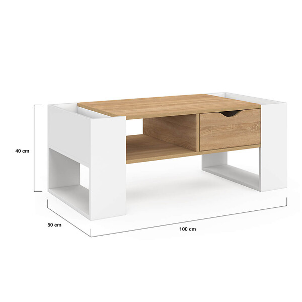 ID MARKET - Table basse rectangulaire BERYL avec tiroir bois blanc et façon hêtre - large