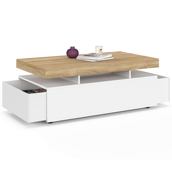 ID MARKET - Table basse rectangulaire ELSA 100 cm 2 tiroirs en bois blanc et plateau façon hêtre - large