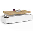 ID MARKET - Table basse rectangulaire ELSA 100 cm 2 tiroirs en bois blanc et plateau façon hêtre - vignette