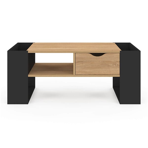 ID MARKET - Table basse rectangulaire BERYL avec tiroir bois noir et façon hêtre - large