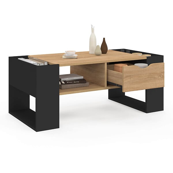 ID MARKET - Table basse rectangulaire BERYL avec tiroir bois noir et façon hêtre - large