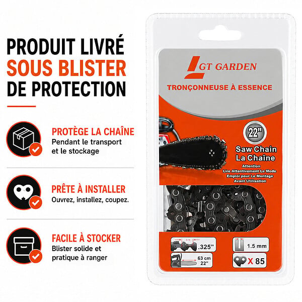 GT GARDEN - Guide 22 pouces (55 cm) avec lot de 3 chaînes 85 maillons pour tronçonneuse - large