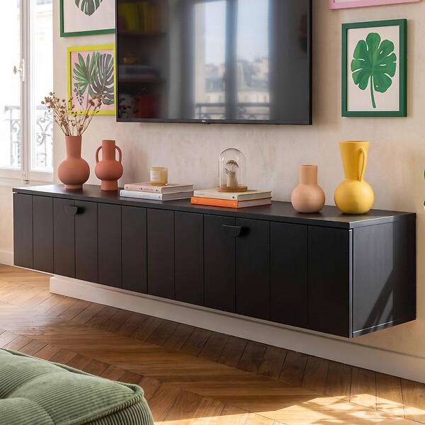 OVIALA - Meuble TV suspendu 160 cm moderne noir - Holly - large