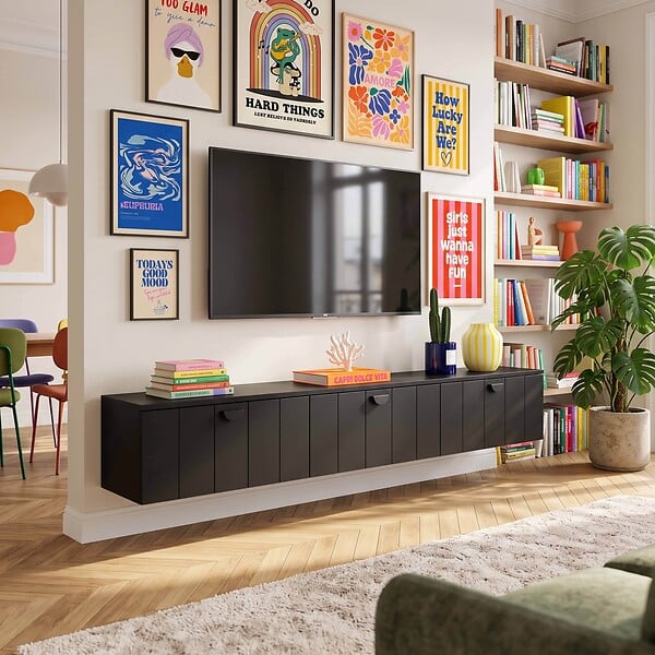 OVIALA - Meuble TV suspendu 200 cm moderne noir - Holly - large