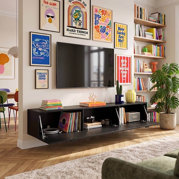 OVIALA - Meuble TV suspendu 200 cm moderne noir - Holly - large