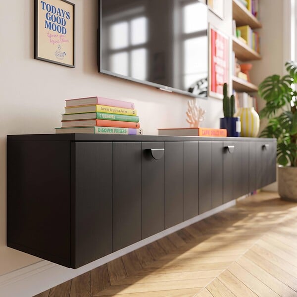 OVIALA - Meuble TV suspendu 200 cm moderne noir - Holly - large
