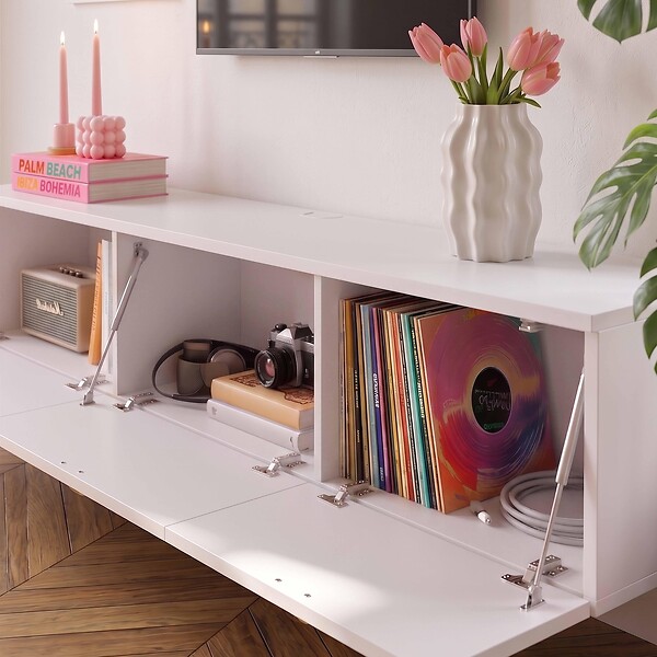 OVIALA - Meuble TV suspendu 200 cm moderne blanc - Holly - large