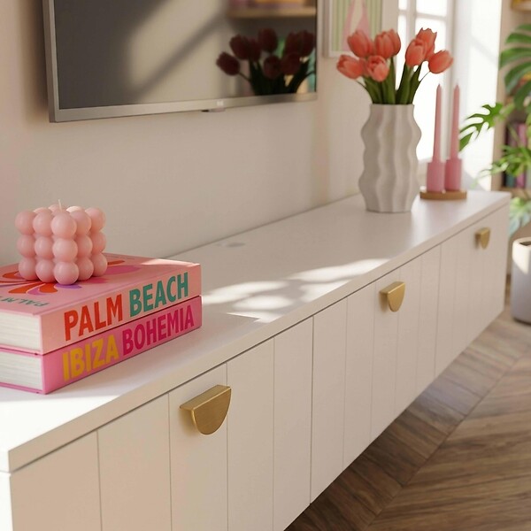 OVIALA - Meuble TV suspendu 200 cm moderne blanc - Holly - large