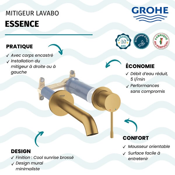 GROHE - Mitigeur mural lavabo Essence Taille M cool sunrise brossé avec corps encastré - large