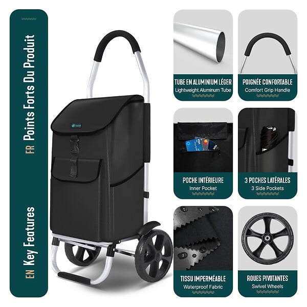 VOUNOT - Chariot de course pliable aluminium 2 roues noir - large