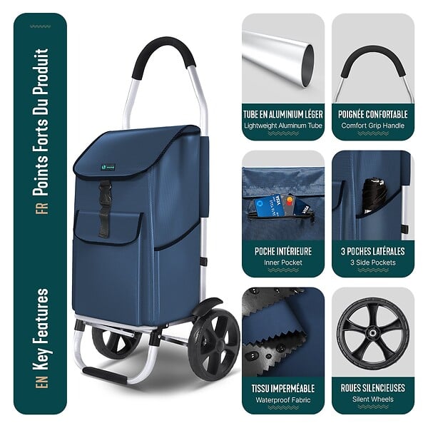 VOUNOT - Chariot de course pliable aluminium 2 roues bleu marine - large