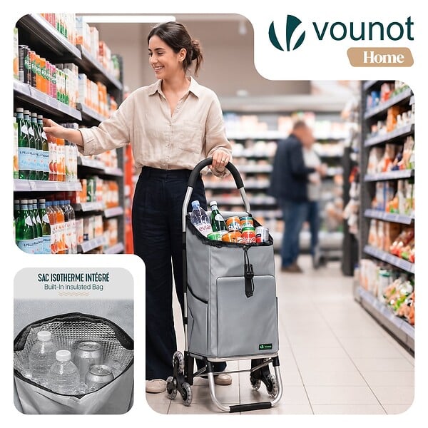 VOUNOT - Chariot de course pliable monte escalier aluminium avec crochets gris - large
