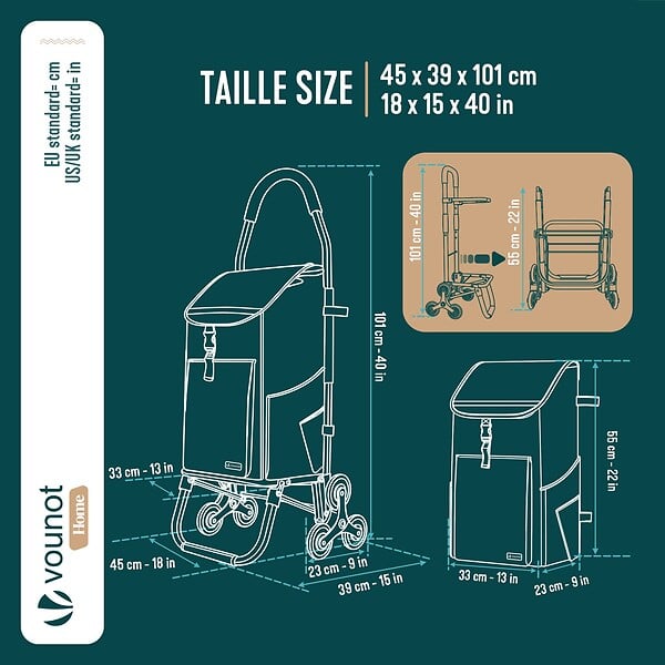 VOUNOT - Chariot de course pliable monte escalier aluminium avec crochets noir - large