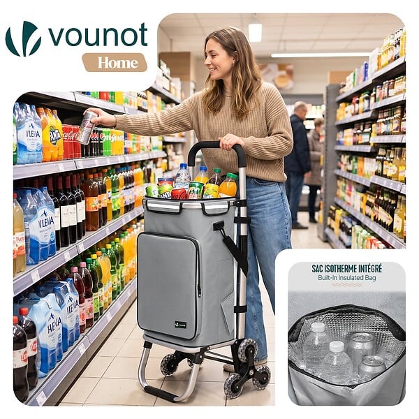 VOUNOT - Chariot de course pliable monte escalier aluminium avec crochets gris - large