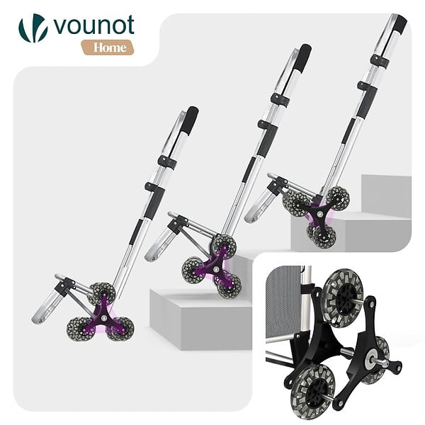 VOUNOT - Chariot de course pliable monte escalier aluminium avec crochets gris - large