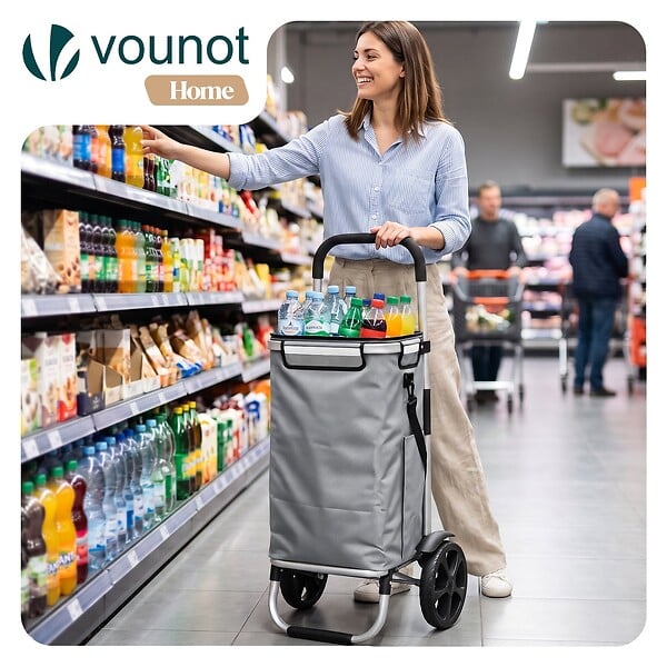 VOUNOT - Chariot de course pliable aluminium 2 roues avec sac isotherme gris - large