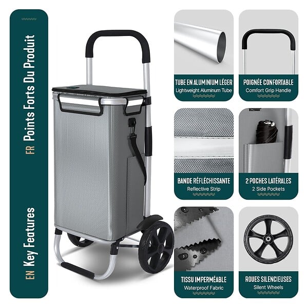 VOUNOT - Chariot de course pliable aluminium 2 roues avec sac isotherme gris - large