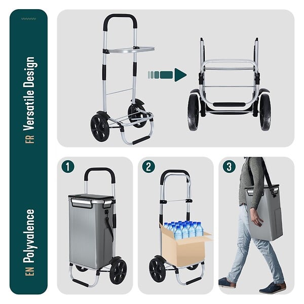 VOUNOT - Chariot de course pliable aluminium 2 roues avec sac isotherme gris - large
