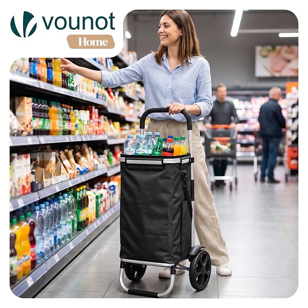 VOUNOT - Chariot de course pliable aluminium 2 roues avec sac isotherme noir - large