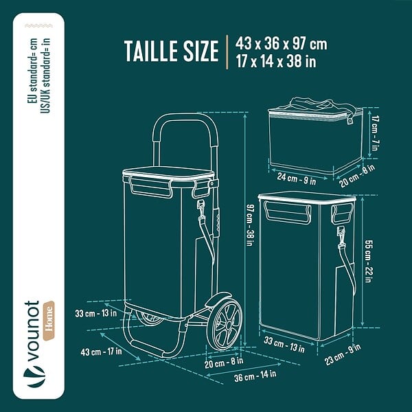 VOUNOT - Chariot de course pliable aluminium 2 roues avec sac isotherme noir - large