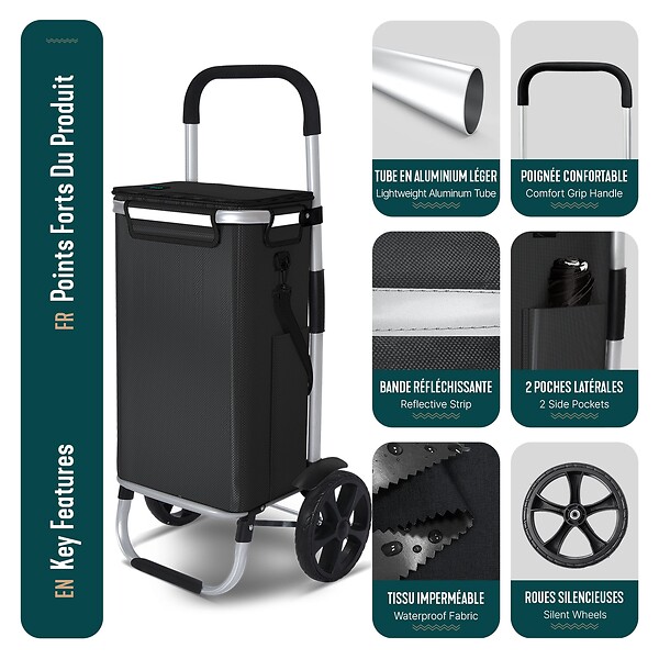 VOUNOT - Chariot de course pliable aluminium 2 roues avec sac isotherme noir - large