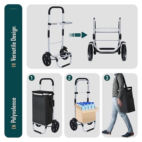 VOUNOT - Chariot de course pliable aluminium 2 roues avec sac isotherme noir - large