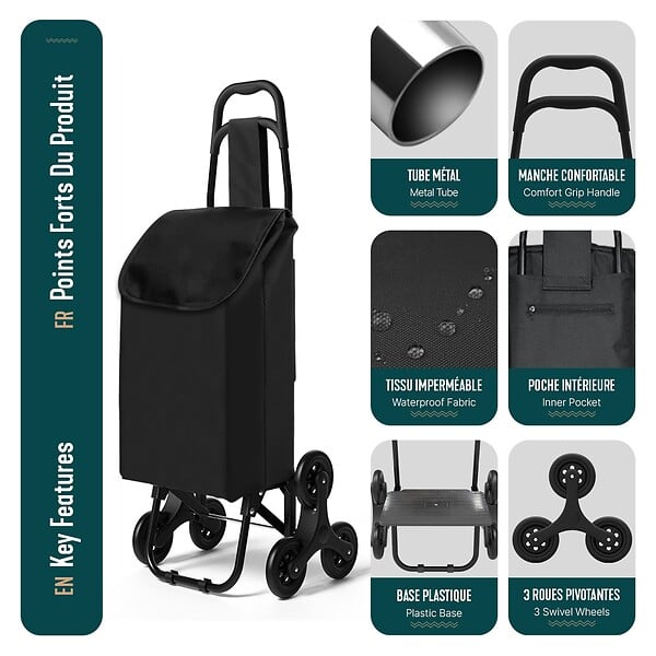 VOUNOT - Chariot de courses pliable monte escalier noir - large