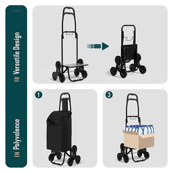 VOUNOT - Chariot de courses pliable monte escalier noir - large